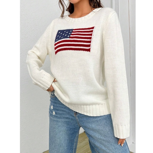 American Flag Knit Off White Pullover Sweater Crew Neck Long Sleeve - Picture 5 of 16